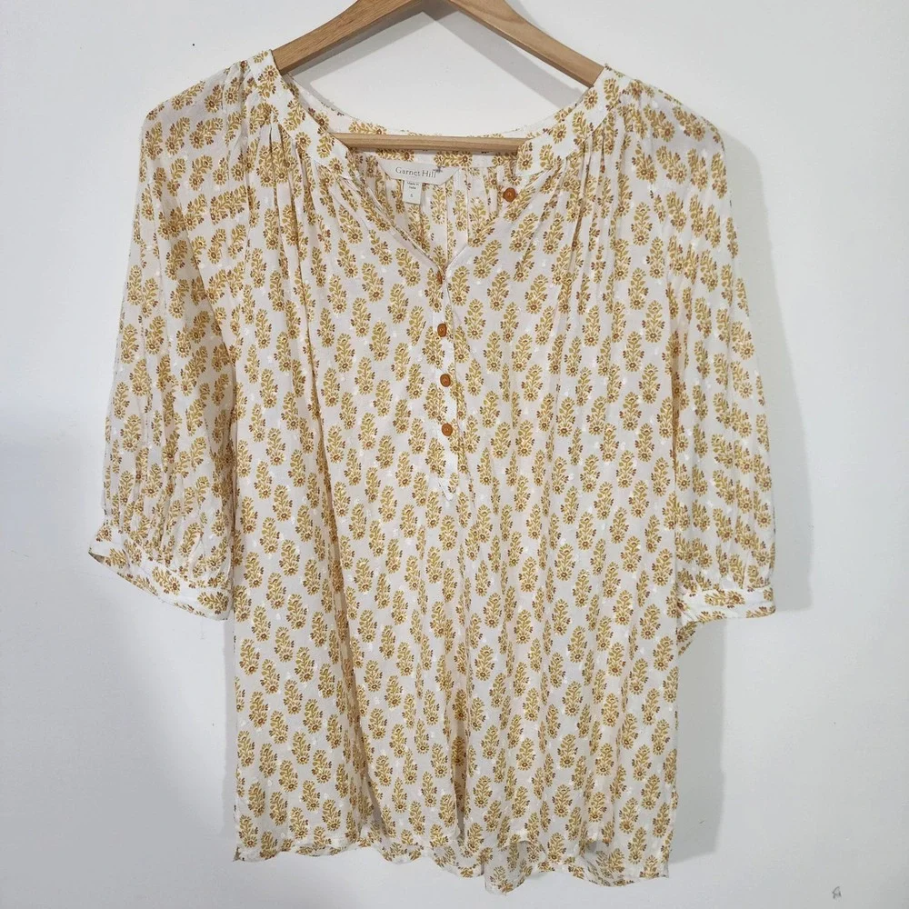 Garnet Hill White Yellow Floral Print V Neck 3/4 Sleeve Modal Blouse Top Size S - Picture 2 of 10